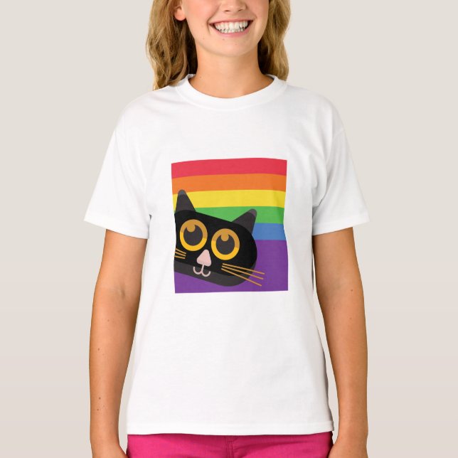 Camiseta Peeking Cat No Arco-Íris (Frente)