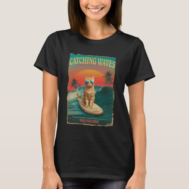 Camiseta Pegando Ondas Não Sentimentos Gato Surfando Divert (Frente)