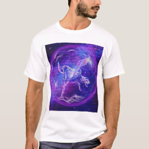 Camiseta Pégaso Roxo Arte de Cavalo Alado Neon na Galáxia