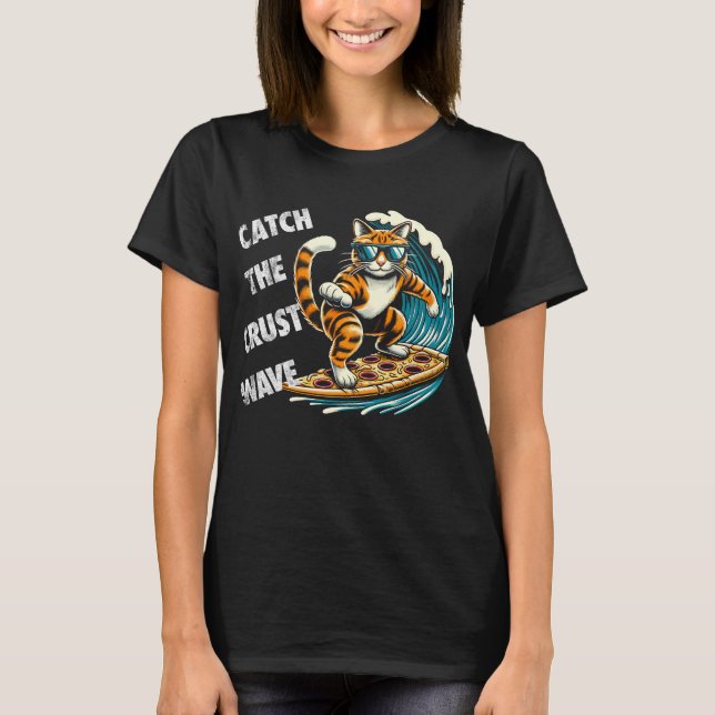 Camiseta Pegue a Onda da Crosta Gato Surfando Pizza (Frente)