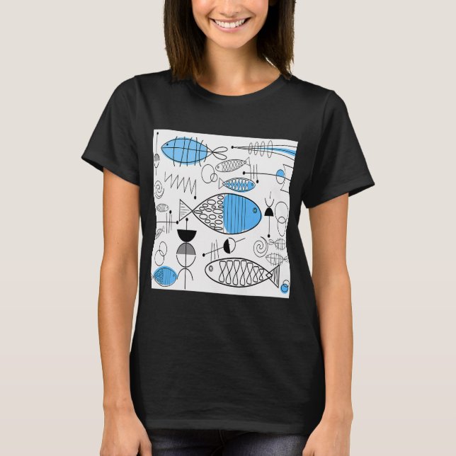 Camiseta Peixe Azul Moderno de Meados do Século (Frente)