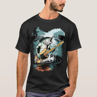 Camiseta Peixe-Baixo Estranho Tocando Baixo Guitarra Engraç
