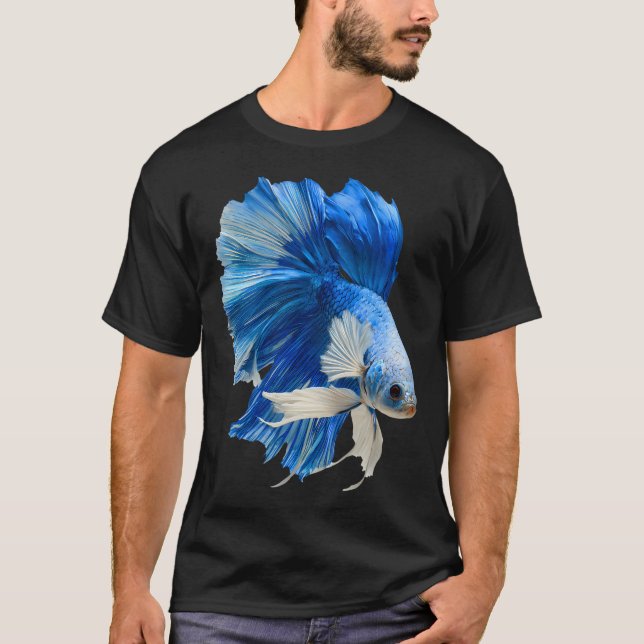 Camiseta Peixe Betta Sky Marble Halfmoon Azul e Branco (Frente)