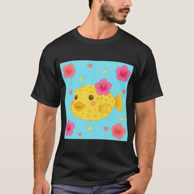 Camiseta Peixe Caixa Amarelo e Hibisco - Azul (Frente)