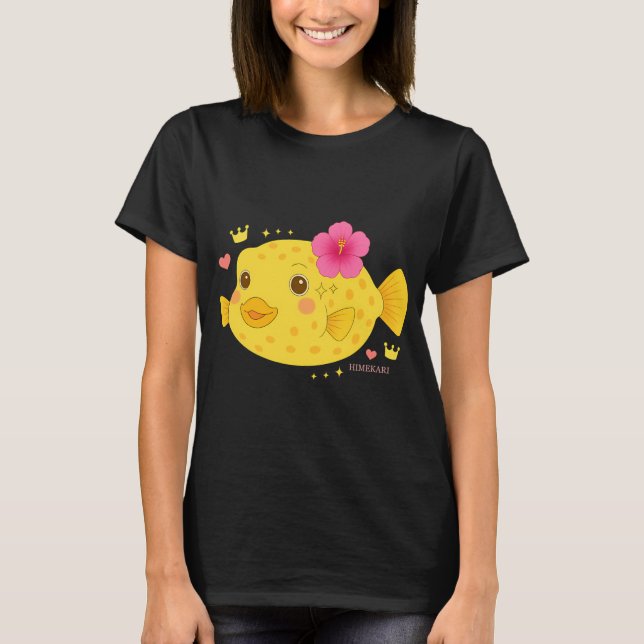 Camiseta Peixe caixa amarelo e hibisco - Transparente (Frente)