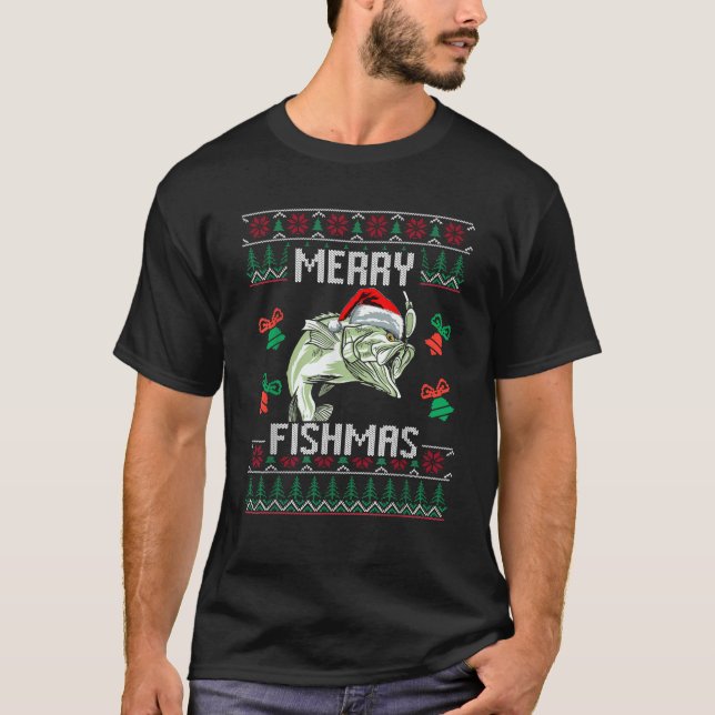 Camiseta Peixe de Baixo de Pesca de feliz Pesca Natal Feia  (Frente)