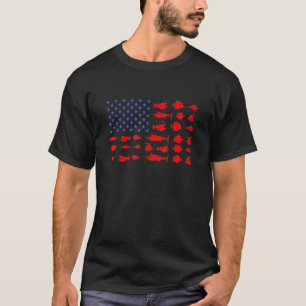 Camiseta Peixe de Pesca Divertido Com Pesca da Bandeira Ame