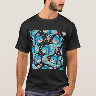 Camiseta Peixe Dourado Flor de Cerejeira Azul Kawaii