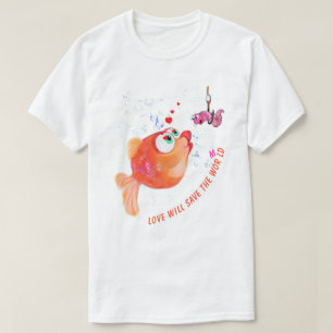 Camiseta Peixe e Verme Engraçados - O Amor Salvará O Mund