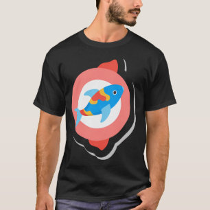 Camiseta Peixe Estilizado Colorido com Padrão Vermelho e Am