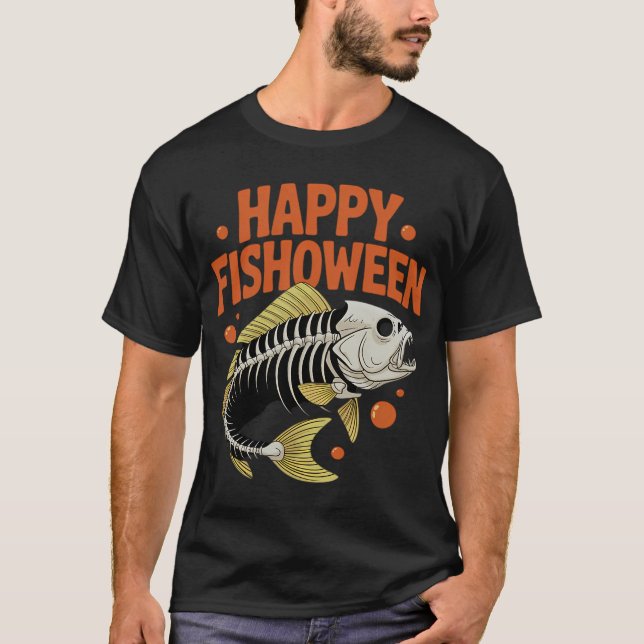 Camiseta Peixe Feliz de Fishoween Crânio de Peixe no Hallow (Frente)