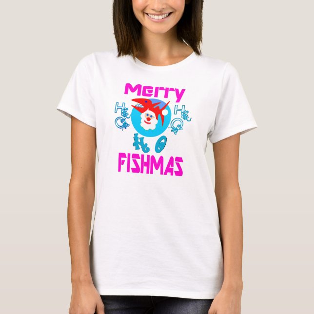 Camiseta ♫ ♥ Peixe FelizMas-SantaPeixe Engraçado, Longa Fol (Frente)