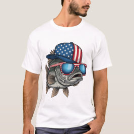 Camiseta Peixe Grande Americano Engraçado Vestindo Boné da 