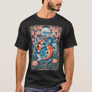 Camiseta Peixe Koi Art Nouveau Flor de Cerejeira Japonesa
