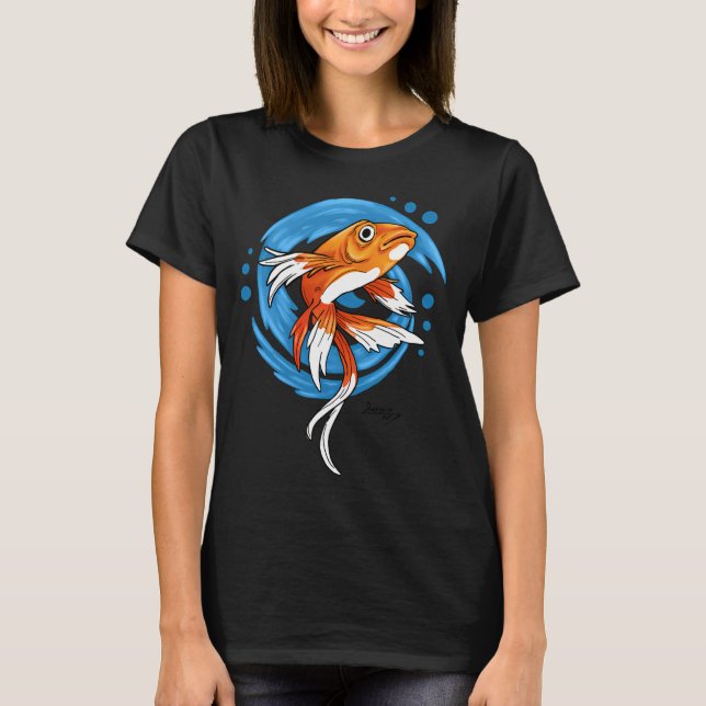 Camiseta Peixe Koi Carpa em Ondas Azuis (Frente)