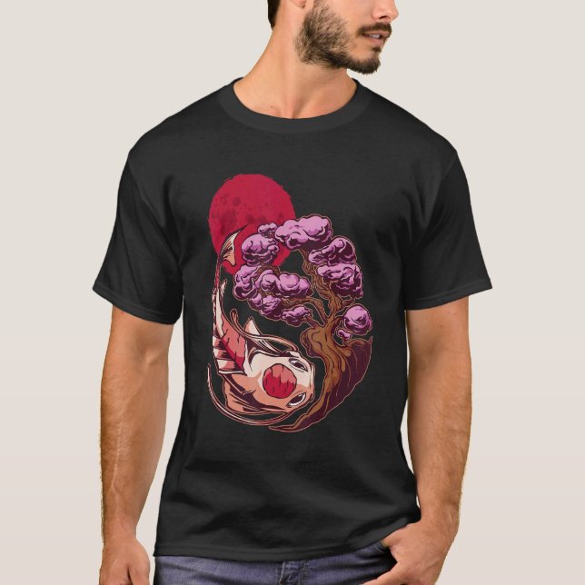 Camiseta Peixe Koi Carpa Yin Yang Árvore Bonsai Lua Arte As (Frente)