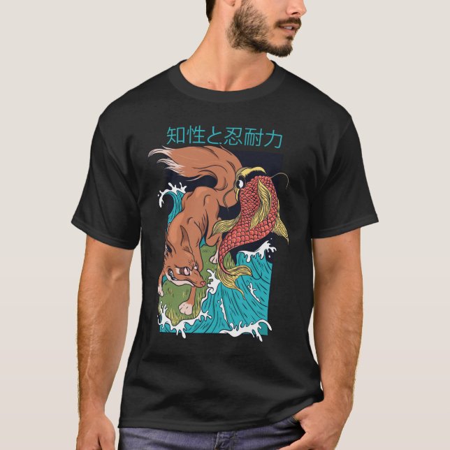 Camiseta Peixe Koi com Design Japonês de Raposa (Frente)