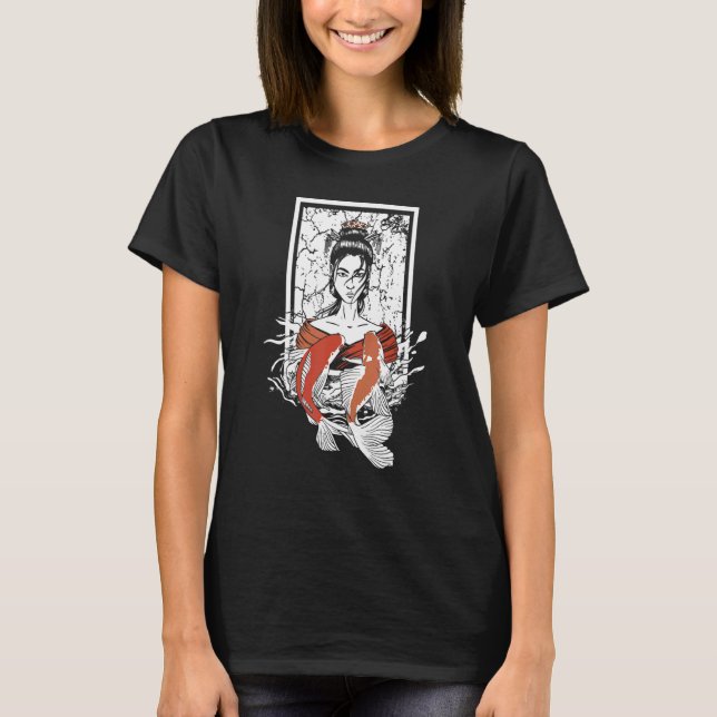 Camiseta Peixe Koi com Geisha e Koi Japonês com Japonês (Frente)