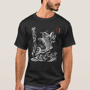 Camiseta Peixe Koi Japonês & Sumi e Caligrafia de Cachoeira