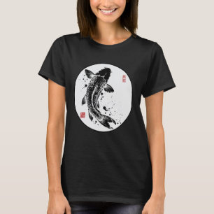 Camiseta Peixe Koi Japonês Sumi-e Tinta Lavagem Gyotaku