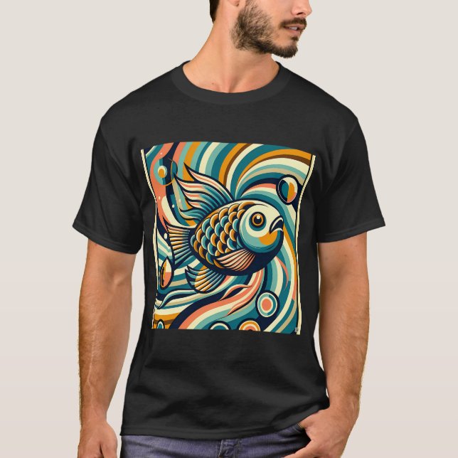 Camiseta Peixe Koi Retro em Ondas Giratórias (Frente)