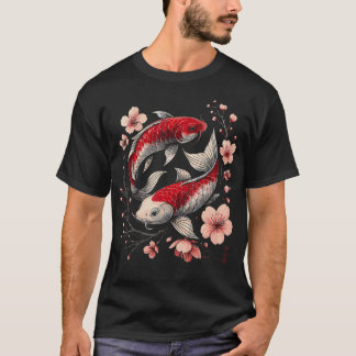Camiseta Peixe Koi Yin Yang Sakura Floral Japonês