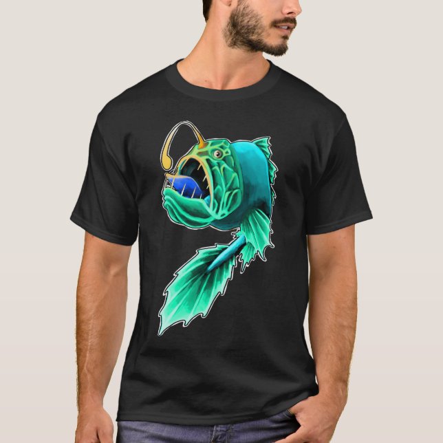 Camiseta peixe-lanterna azul com luz laranja (Frente)