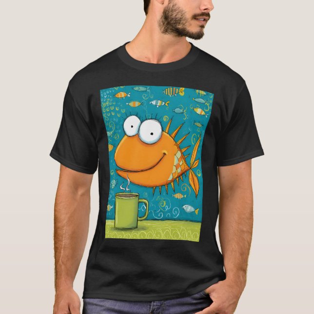 Camiseta Peixe Laranja Fingindo que Café é o Oceano Enquant (Frente)