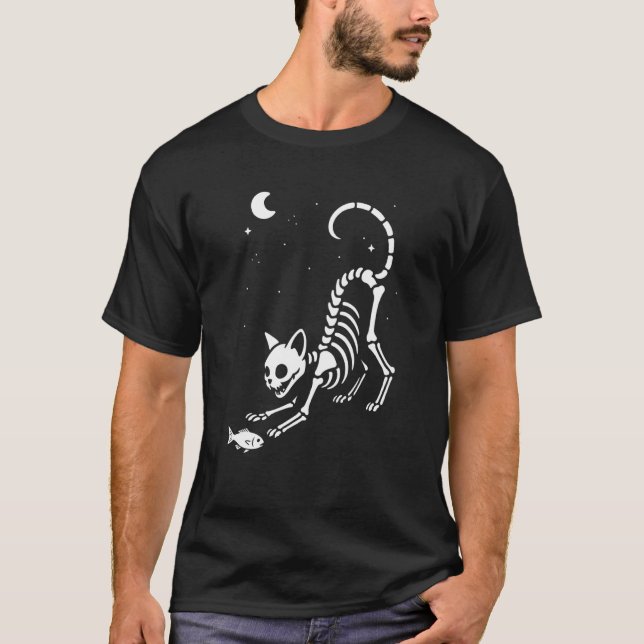 Camiseta Peixe Lua de Gato Esqueleto Dia das Bruxas Mamãe P (Frente)