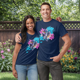 Camiseta Peixe Lutador Betta Siameses Ondas de Lótus Azul
