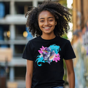 Camiseta Peixe Lutador Tailandês Betta Ondas de Lótus Azul