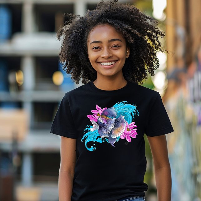 Camiseta Peixe Lutador Tailandês Betta Ondas de Lótus Azul (Criador carregado)
