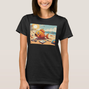 Camiseta Peixe na Praia com Poluição para Educação Ambienta