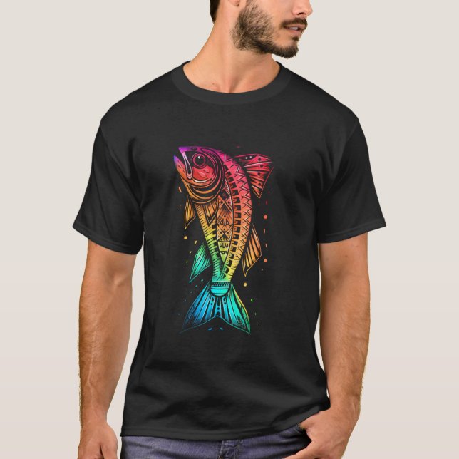 Camiseta Peixe Psicodélico Arco-íris Tribal (Frente)