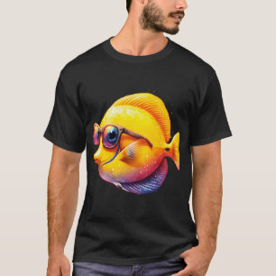 Camiseta Peixe Tangue Amarelo Aquarela Usando Óculos de Sol