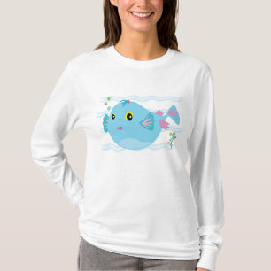 Camiseta Peixe Tropical Azul Fofo Barbatanas Rosa
