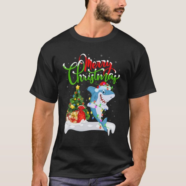 Camiseta Peixe-Tubarão Engraçado Sobrevoando Xmas Iluminand (Frente)