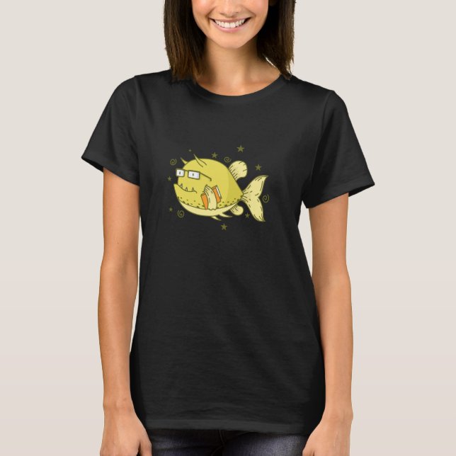 Camiseta Peixe-vaca como Nerd com Aquário de Livros (Frente)