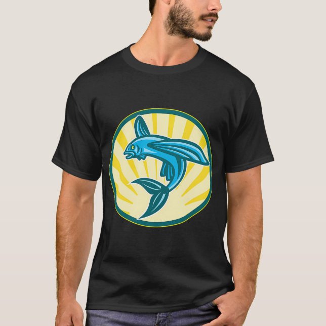 Camiseta Peixe Voador Saltando Xilogravura Retro (Frente)