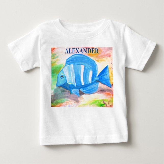Camiseta Peixes azuis tropicais Aquarela Oceano oceânico (Frente)