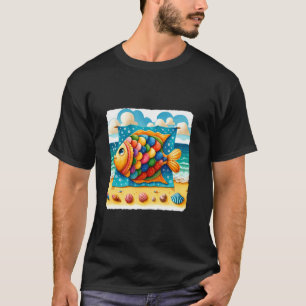 Camiseta Peixes Coloridos Com Conchas Na Praia Arenosa. Pra