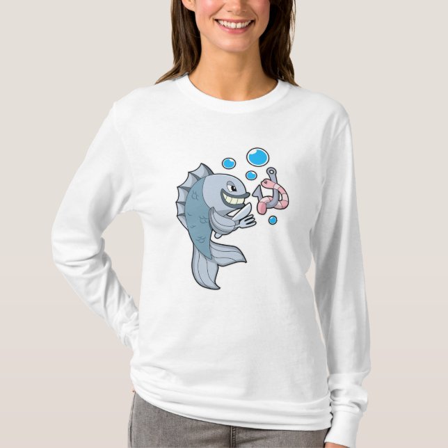 Camiseta Peixes com gancho de peixe e verme (Frente)
