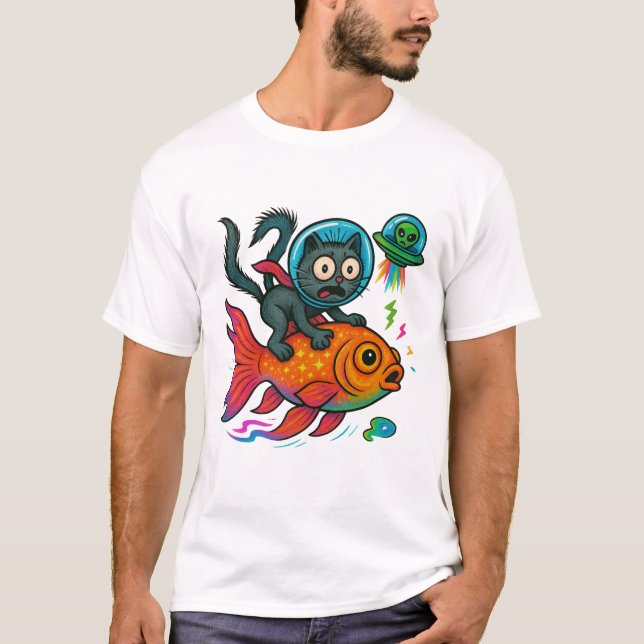 Camiseta Peixes Correntes de Gato Escaparam Alienígena (Frente)