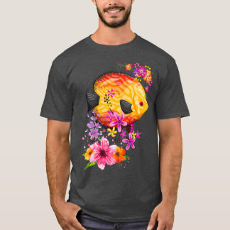 Camiseta Peixes De Disco Tropicais Com Flores Coloridas Des