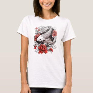 Camiseta Peixes De Koi Com Flores Design japonês