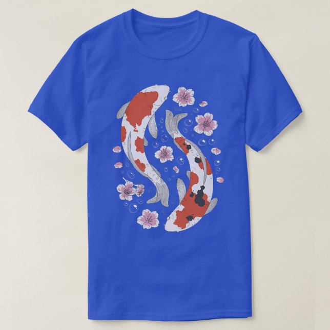 Camiseta Peixes De Koi E Flores Oceanas Marítimas Fluxo Jap (Frente do Design)