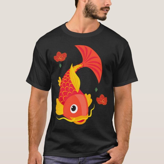 Camiseta Peixes dourados com nadadeiras fluídas e flores ve (Frente)