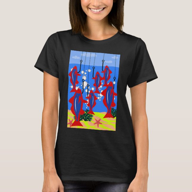 Camiseta Peixes em anzóis em águas do mar (Frente)