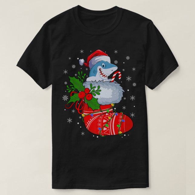 Camiseta Peixes Engraçados De Tubarão Nas Meias De Natal Xm (Frente do Design)