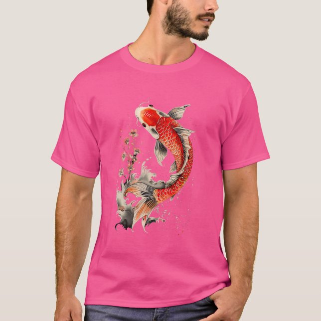 Camiseta Peixes Koi Japoneses e Flores Nadando Peixes de Ta (Frente)